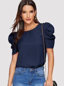 SHEIN Clasi Solid Keyhole Back Puff Sleeve Top - Navy Blue - View 1