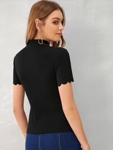 SHEIN Essnce Mock-neck Scallop Edge Rib-knit Top - Black - View 2