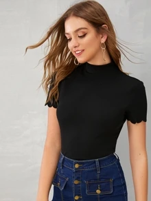 SHEIN Essnce Mock-neck Scallop Edge Rib-knit Top - Black - View 5
