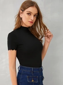 SHEIN Essnce Mock-neck Scallop Edge Rib-knit Top - Black - View 4