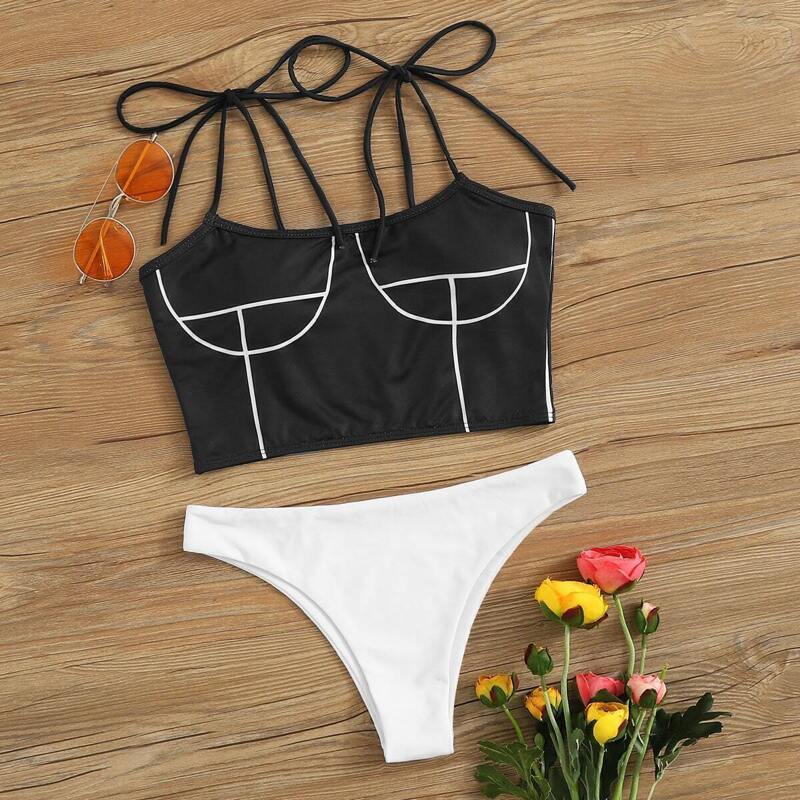 

Two Tone Tie Shoulder Bikini Set, Black and white