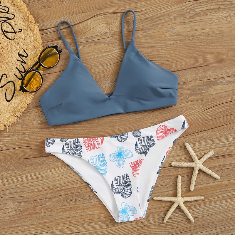 

V Neck Top With Leaf Print Bikini Set, Multicolor