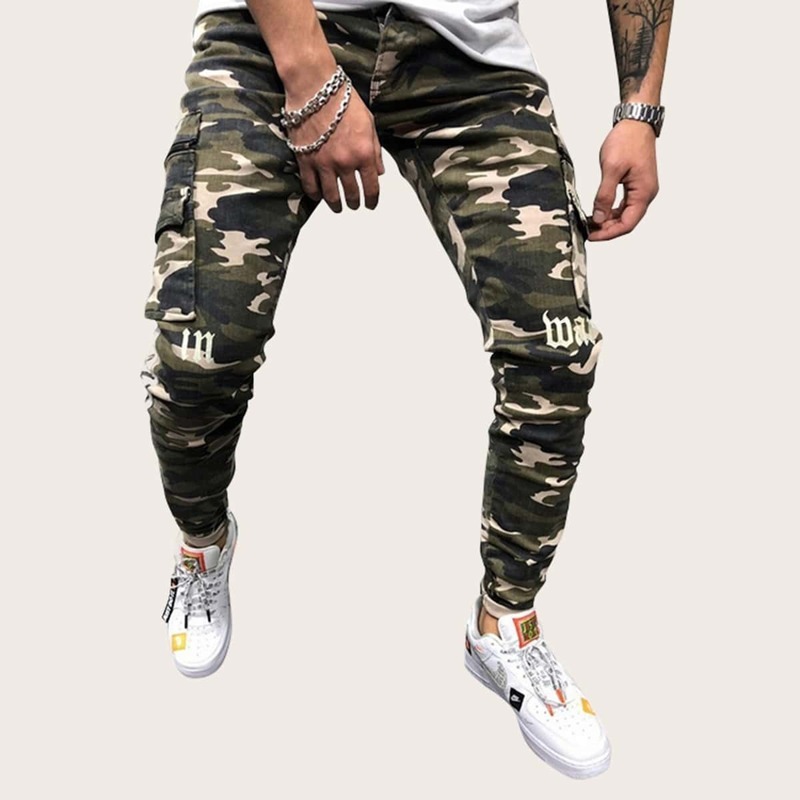 

Guys Camo & Letter Print Tape Side Cargo Pants, Multicolor