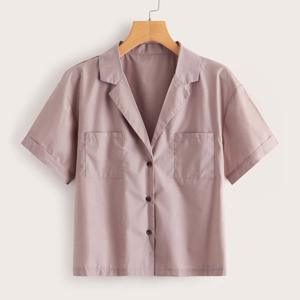

Pocket Side Notched Collar Solid Blouse, Purple