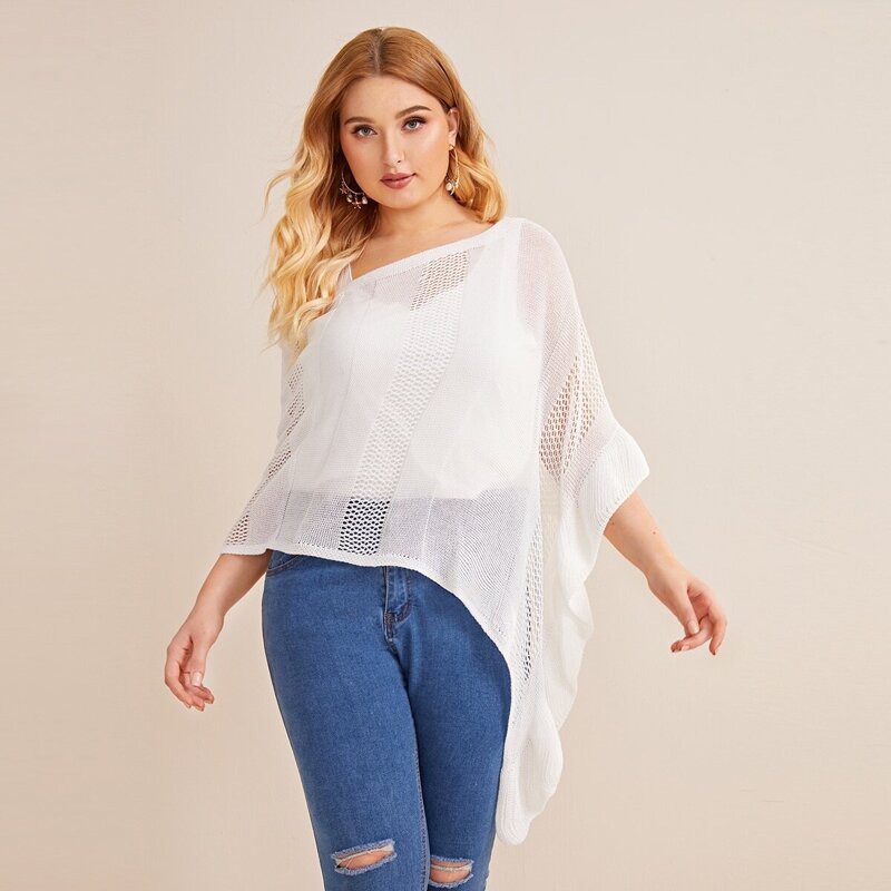 

Plus Asymmetric Hem Cut Out Poncho Sweater, White