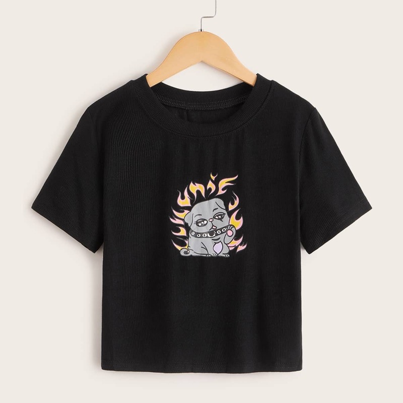 

Cartoon Print Rib-knit Tee, Black