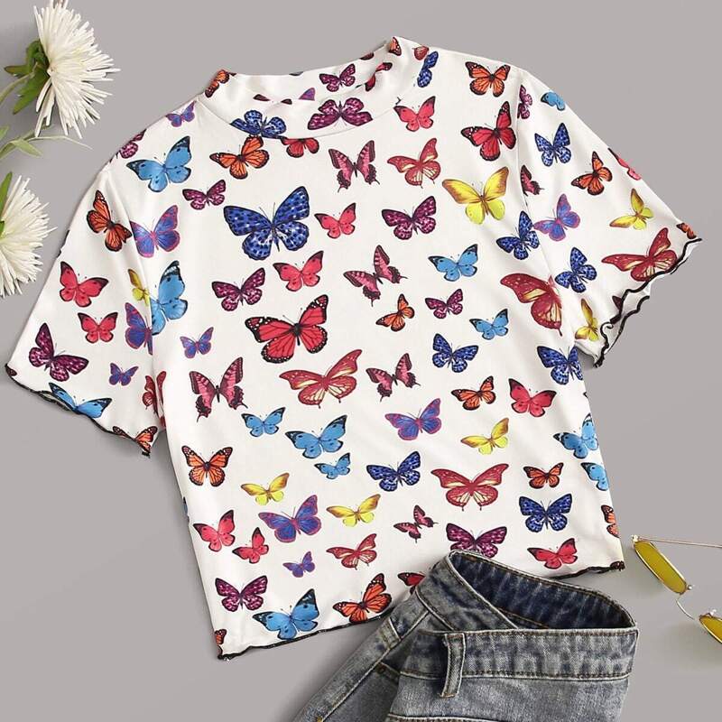 

Allover Butterfly Print Crop Tee, White