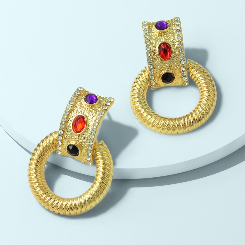 

Rhinestone & Gemstone Decor Hoop Earrings 1pair, Gold
