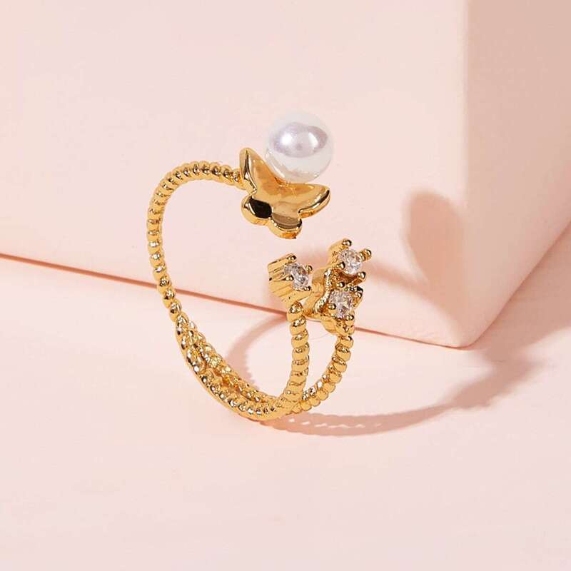 

Butterfly & Faux Pearl Cuff Ring 1pc, Gold