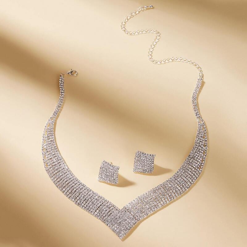 

Geometric Shaped Rhinestone Decor Necklace & Earrings 3pcs