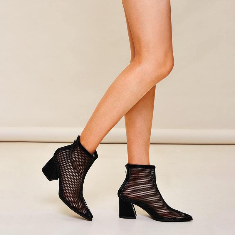 

Point Toe Zip Back Mesh Boots, Black