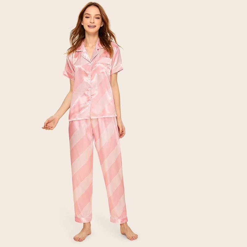 

Striped Satin Shirt & Pants PJ Set, Pink