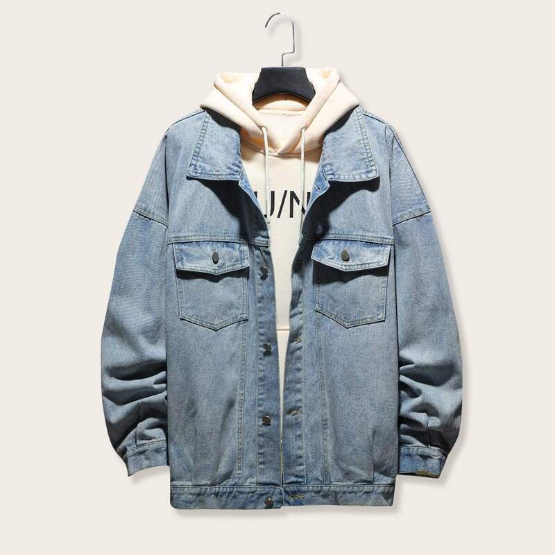 

Guys Drop Shoulder Single Breasted Denim Jacket, Blue