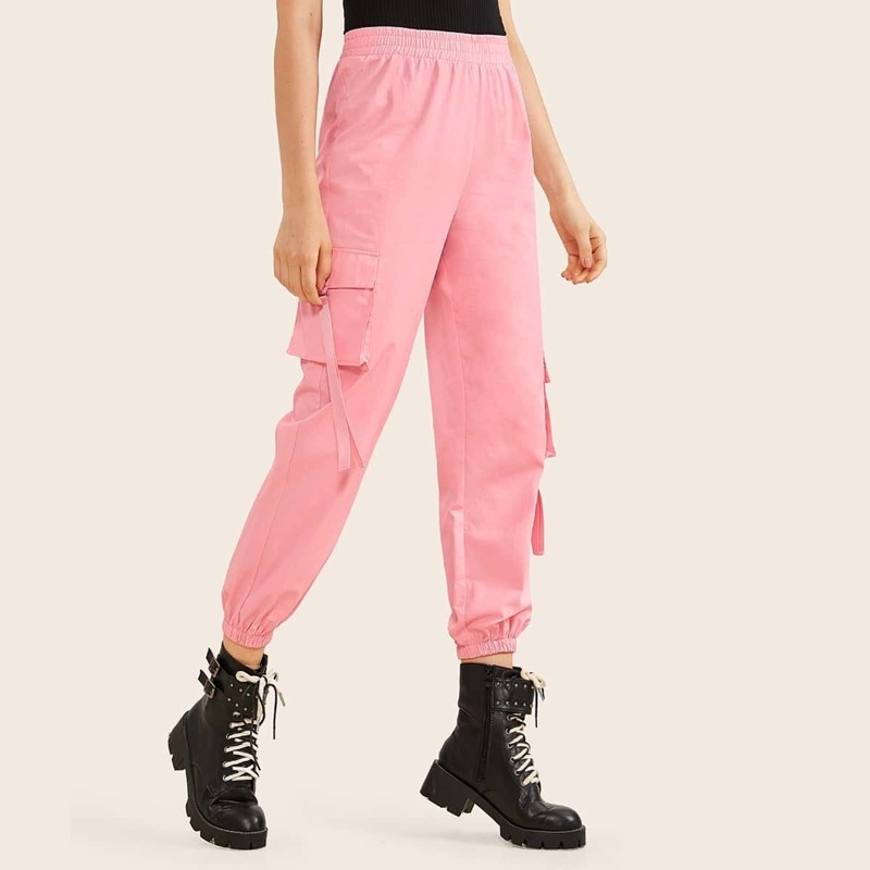 

Elastic Waist Flap Pocket Side Cargo Pants, Pink