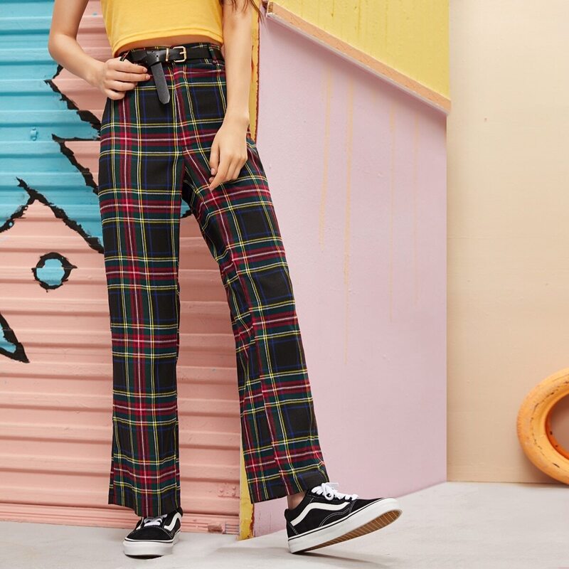 

Plaid Wide Leg Pants Without Belt, Multicolor