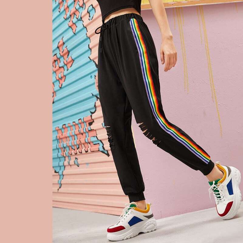 

Side Rainbow Stripe Ripped Drawstring Waist Pants, Black
