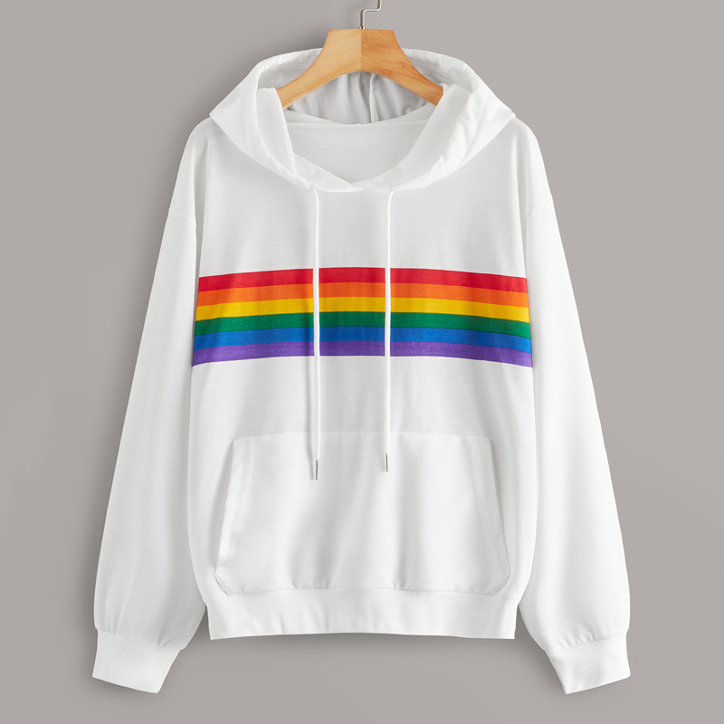

Rainbow Striped Drawstring Hoodie, White