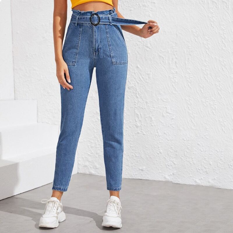 

Paperbag Waist O-Ring Belted Jeans, Blue