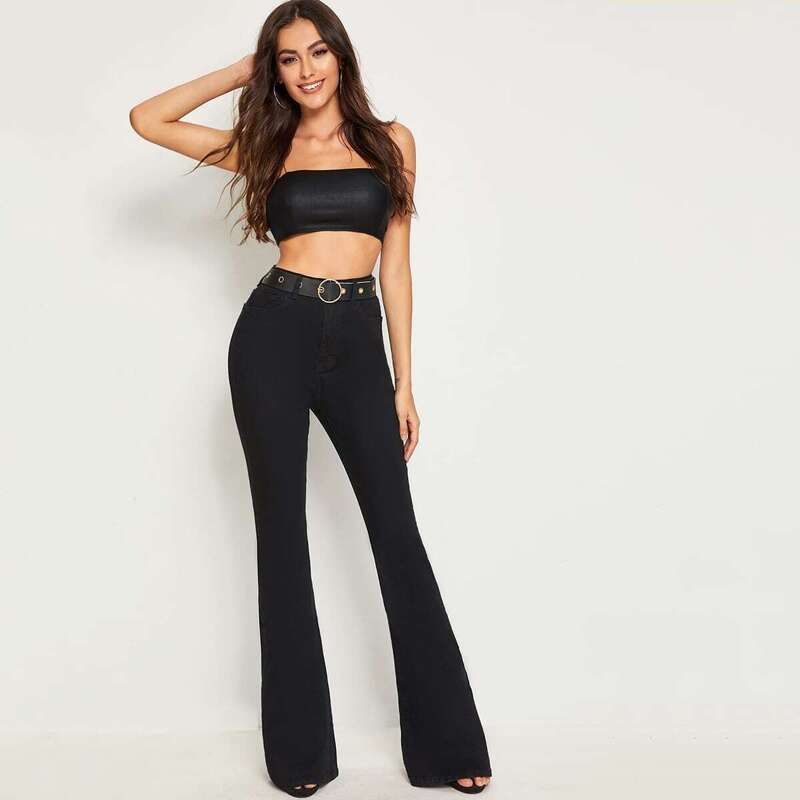 

Self Buckle Belted Flare Leg Jeans, Black