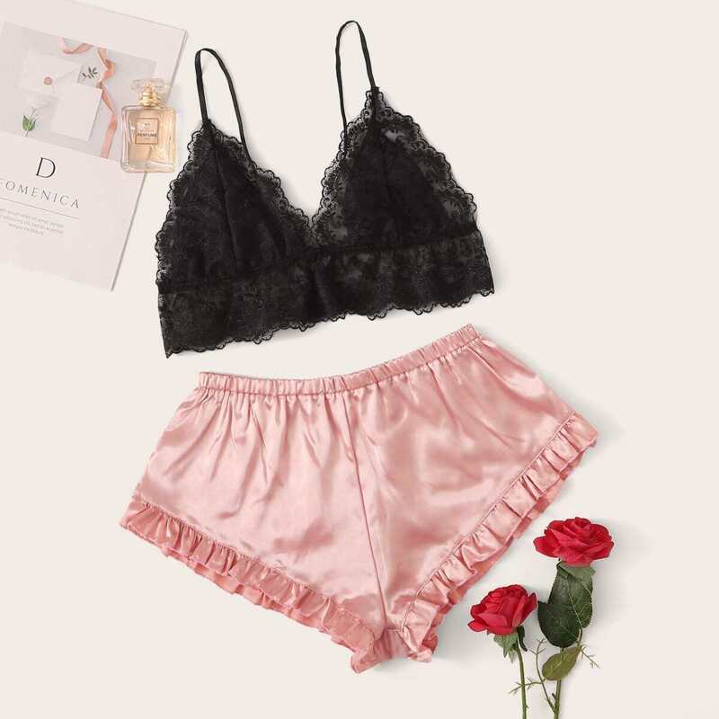 

Floral Lace Bralette With Satin Shorts, Multicolor