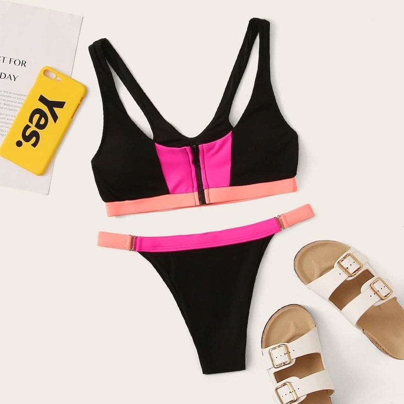 

Contrast Binding Zipper Front Bikini Set, Black