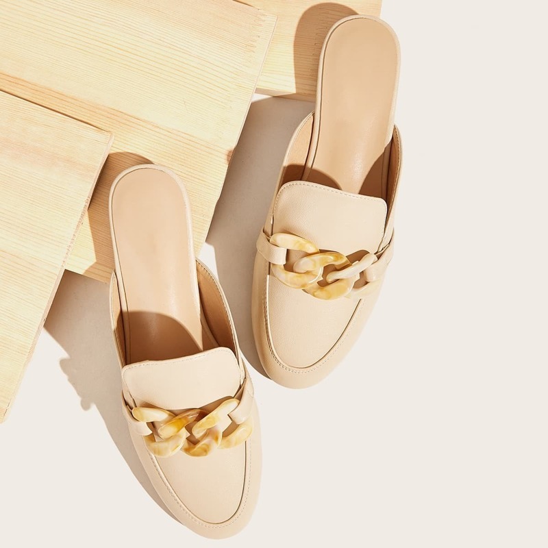 

Chain Decor Flat Mules, Beige