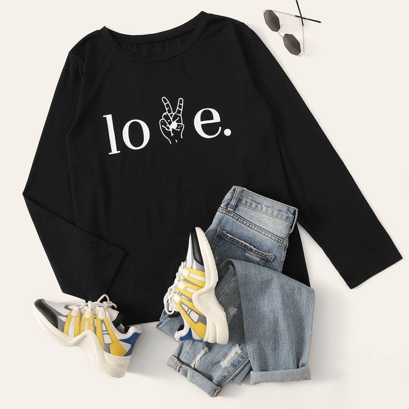 

Plus Letter Print Long Sleeve Tee, Black
