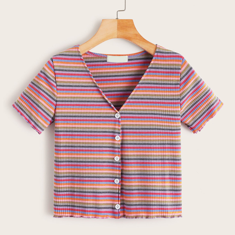 

V-neck Colorful Striped Button Front Tee, Multicolor