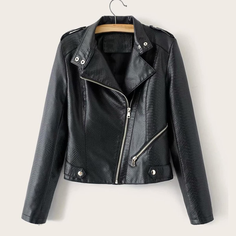 

Zipper Front PU Biker Jacket, Black