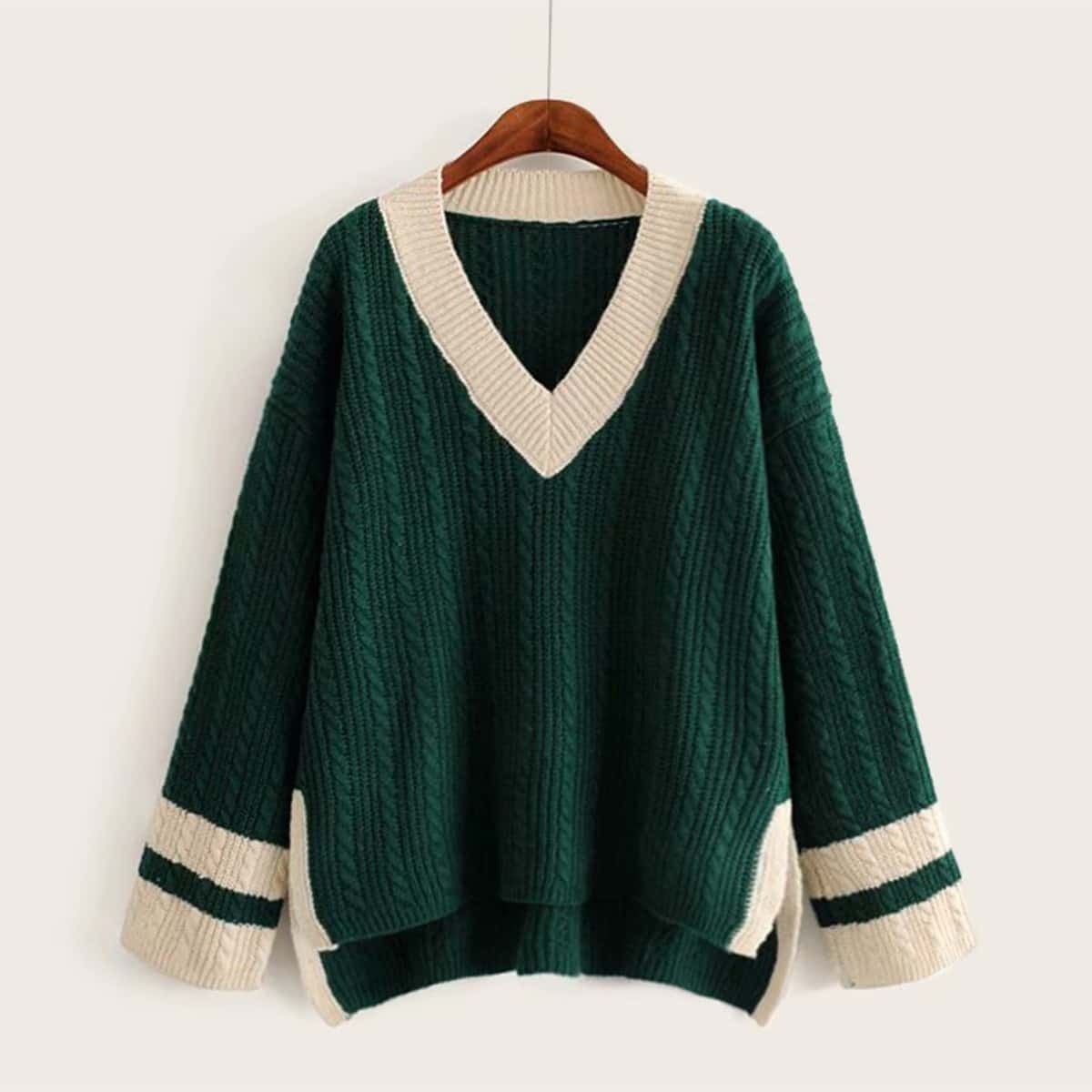 

High Low Contrast Trim Sweater, Army green