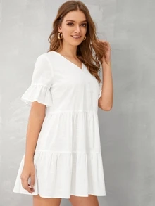 SHEIN v領多層荷葉邊下擺娃娃連衣裙 - 白色 - 查看 4
