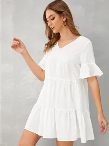 SHEIN v領多層荷葉邊下擺娃娃連衣裙 - 白色 - 查看 5