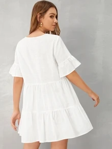 SHEIN v領多層荷葉邊下擺娃娃連衣裙 - 白色 - 查看 2
