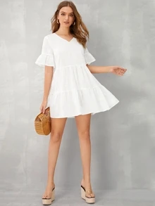 SHEIN v領多層荷葉邊下擺娃娃連衣裙 - 白色 - 查看 3