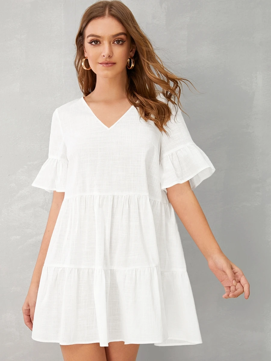 SHEIN v領多層荷葉邊下擺娃娃連衣裙 - 白色 - 查看 1