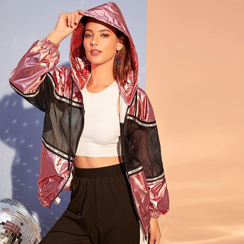 

Zip Up Fishnet Mesh Panel Metallic Hooded Jacket, Pink
