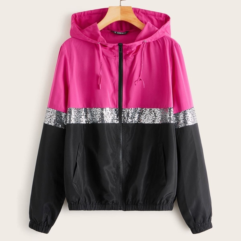 

Colorblock Zip Up Sequin Panel Hooded Jacket, Multicolor