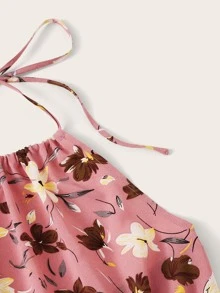 SHEIN 束腰花卉圖案結飾繞頸連身短褲 - 藕粉色 - 查看 3