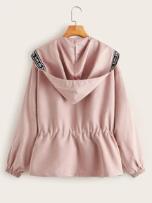 Muchica Letter Tape Trim Drawstring Waist Zip Up Hooded Coat - Dusty Pink - View 2