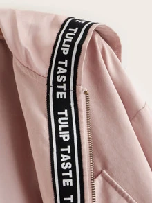 Muchica Letter Tape Trim Drawstring Waist Zip Up Hooded Coat - Dusty Pink - View 3