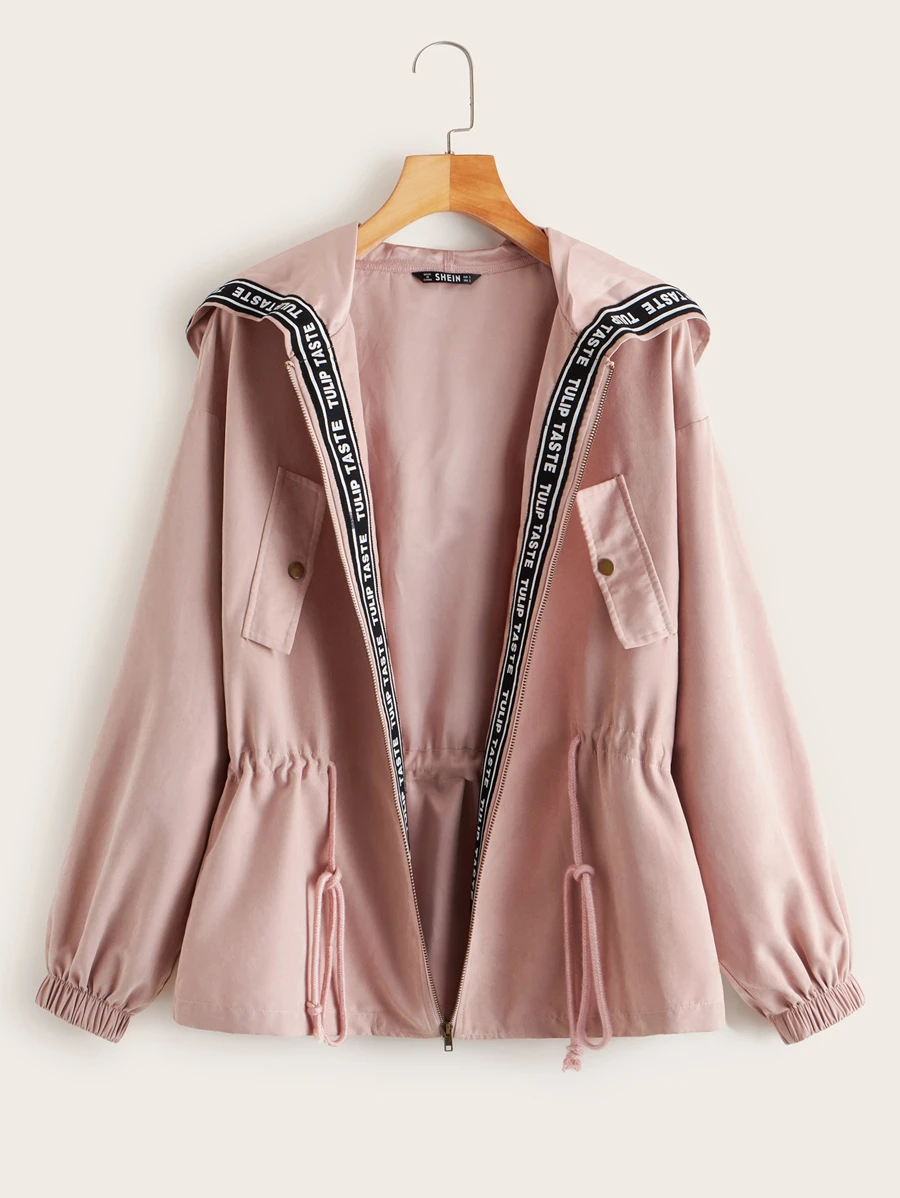 Muchica Letter Tape Trim Drawstring Waist Zip Up Hooded Coat - Dusty Pink - View 1