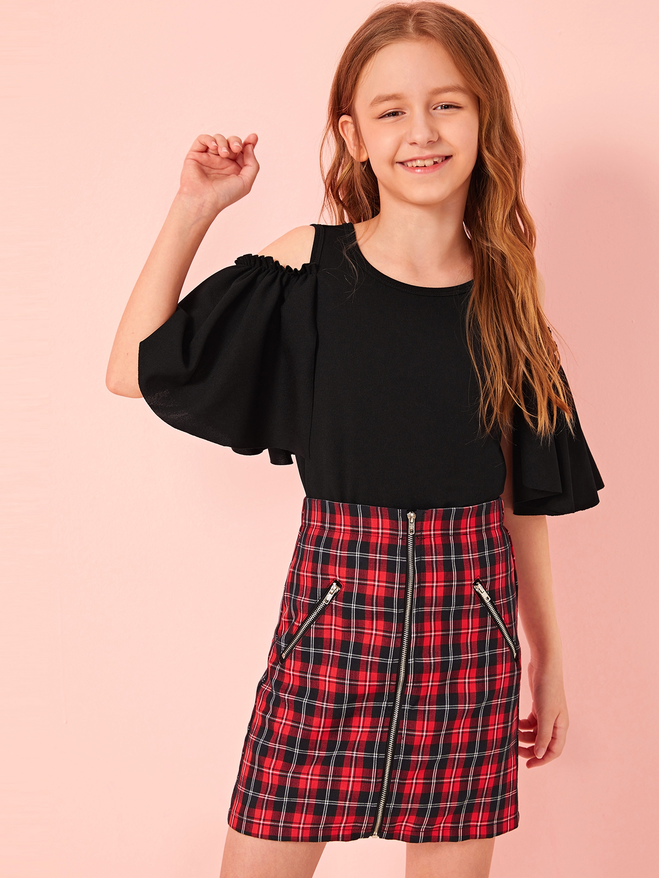 girls cold shoulder top & zip up plaid skirt set