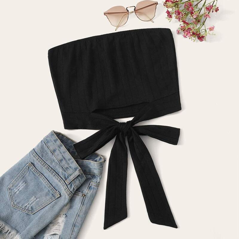 

Knot Hem Rib-knit Tube Crop Top, Black