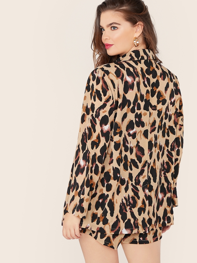 SHEIN LUNE Plus Leopard Print Notch Collar Blazer & Belted Shorts Set - Multicolor - View 2