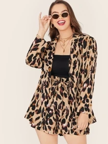 SHEIN LUNE Plus Leopard Print Notch Collar Blazer & Belted Shorts Set - Multicolor - View 1