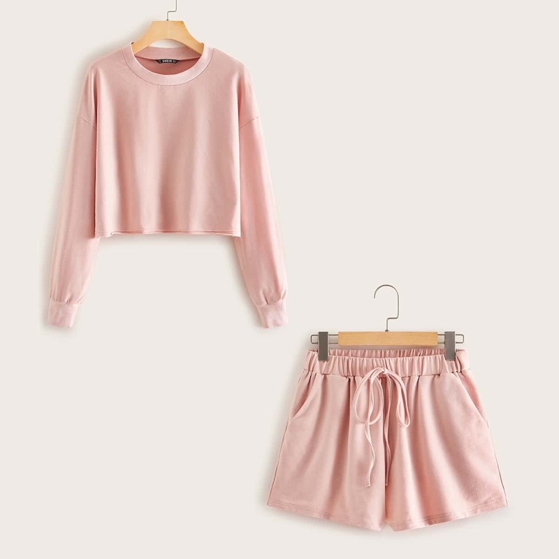 

Solid Drop Shoulder Pullover & Drawstring Shorts Set, Pink pastel