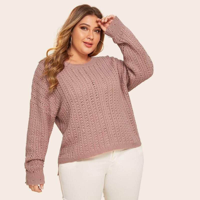 

Plus Cable Pattern Drop Shoulder Solid Sweater, Pink