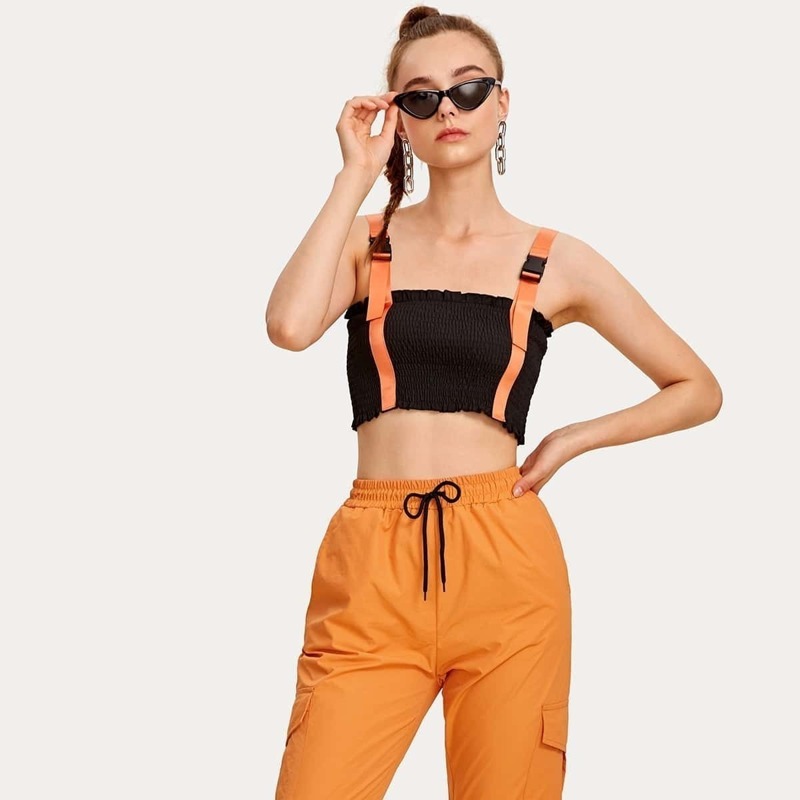

Buckle Straps Shirred Crop Top, Black