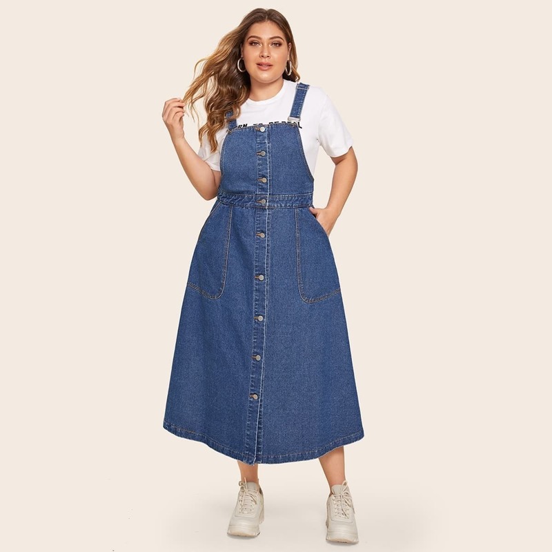 

Plus Button Through Denim Pinafore Dress, Blue