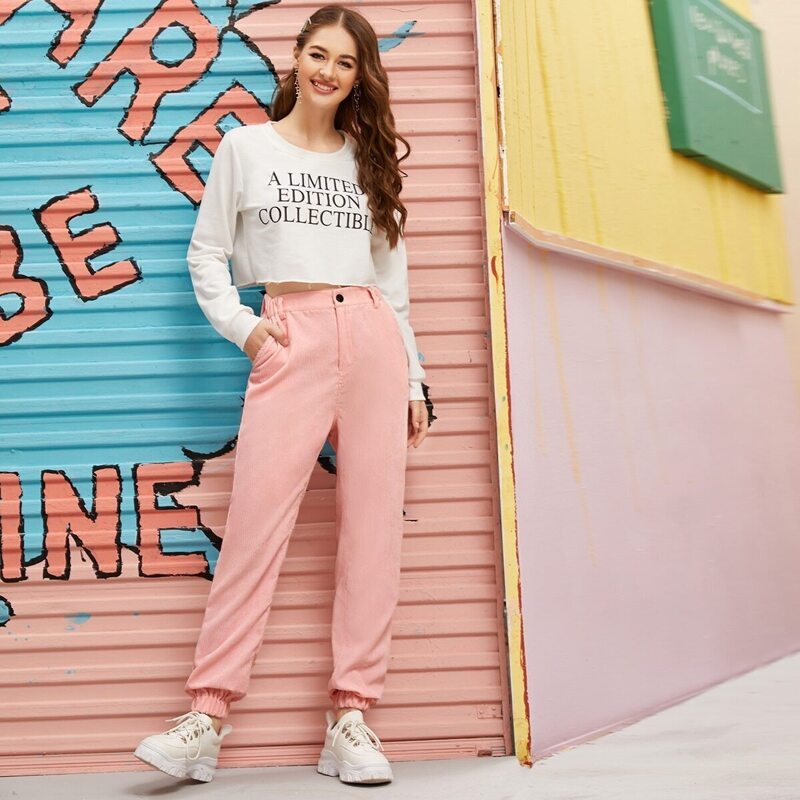 

Button Up Corduroy Solid Pants, Pink